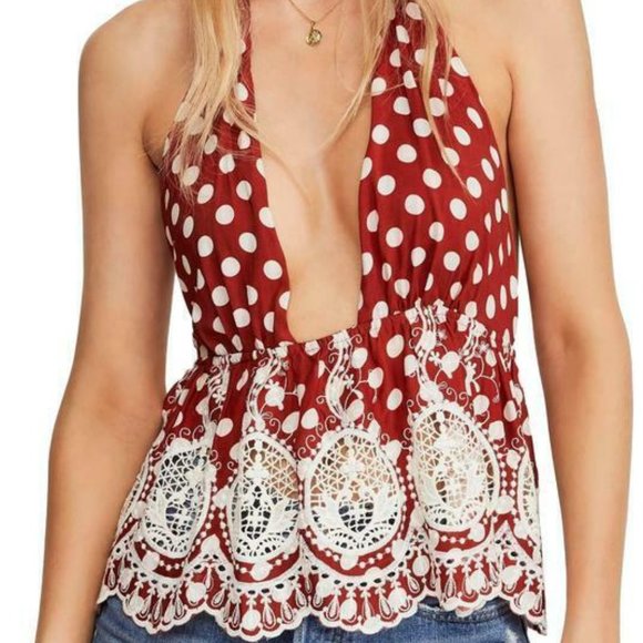 Free People Lunch Date Deep-v Halter Top - RED - Picture 1 of 7